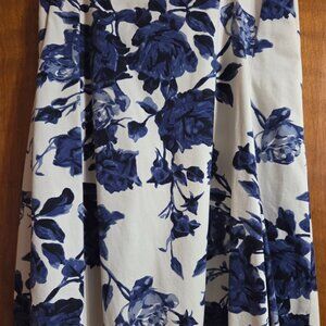 Talbots Skirt Blue White Floral Pleated A-Line Cotton Size 8